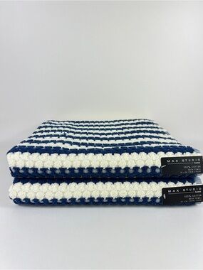 Max Studio Bath Towels Navy Cream Stripe Waffle Texture Soft Cotton 2 Pc NEW